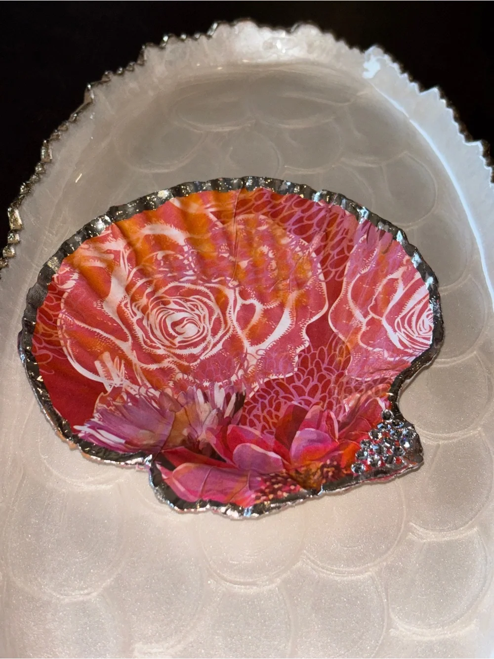 Decorative Pink Shell Trinket Dish with Silver Edge